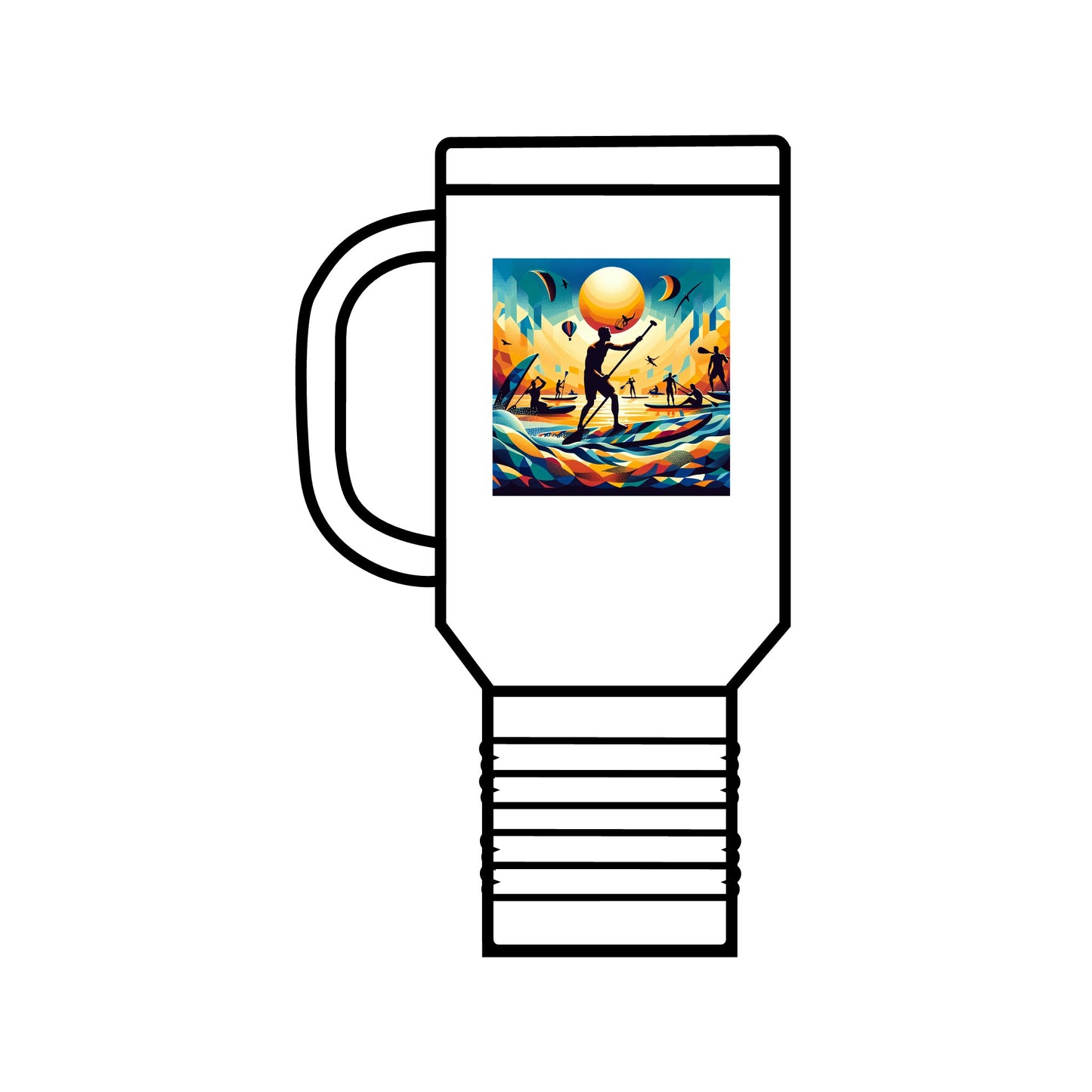 Sophisticated Fantasy Paddleboarding Insulated Travel Mug in a classic white featuring vibrant artwork of paddleboarders against a sunset backdrop, ideal for style-conscious beverage lovers.