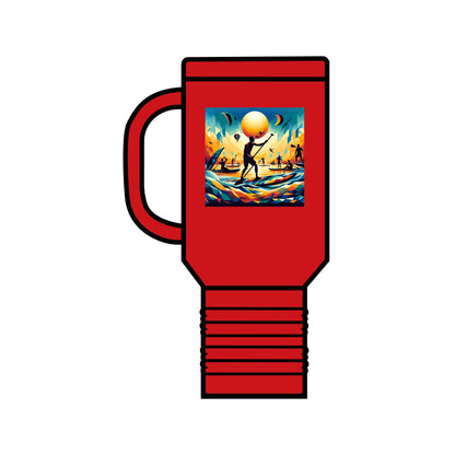 Fantasy Paddleboarding Insulated Travel Mug in elegant red, adorned with a captivating illustration of paddleboarding scenes during sunset.
