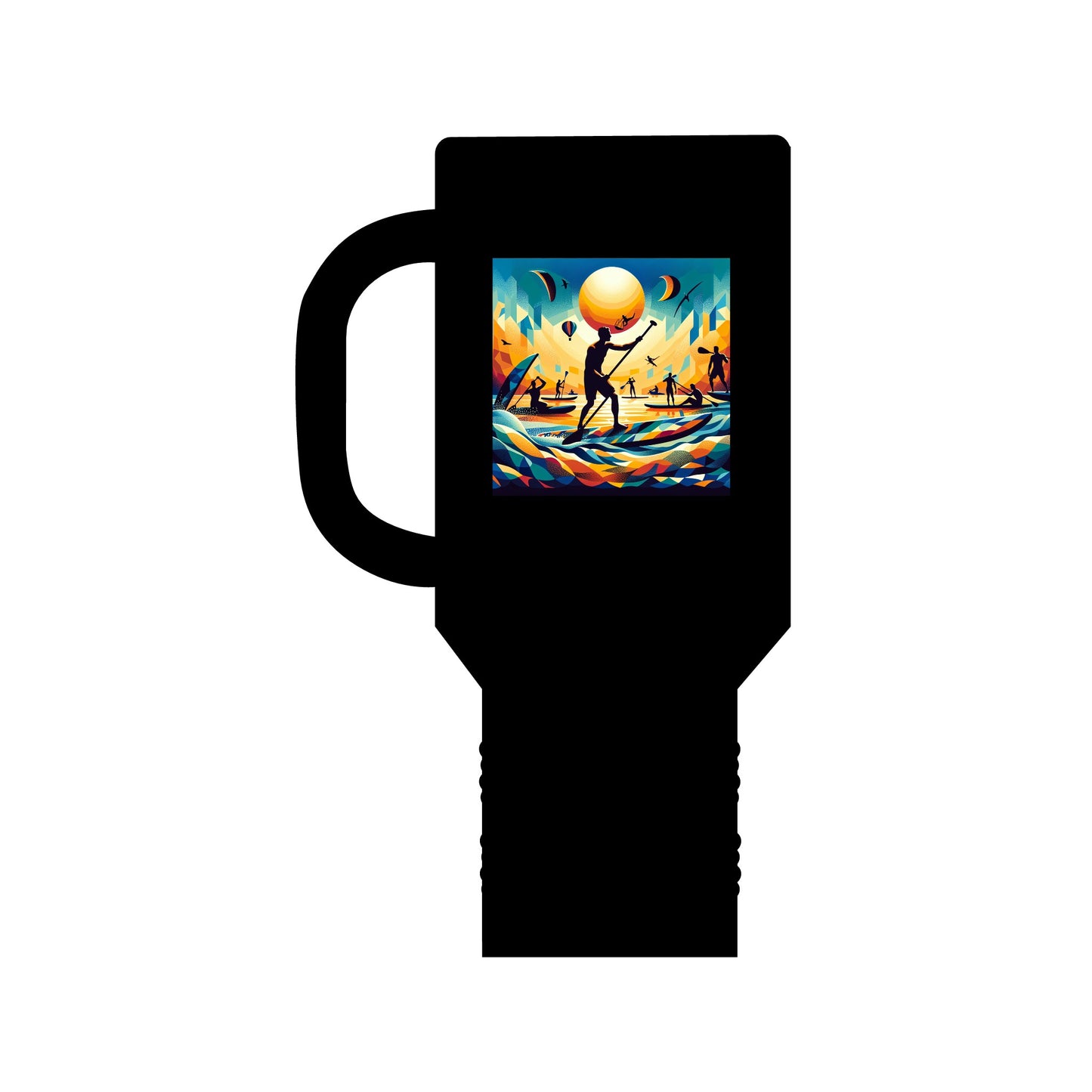 Fantasy Paddleboarding Insulated Travel Mug in sleek black, showcasing an artistic design of paddleboarding figures at sunset.