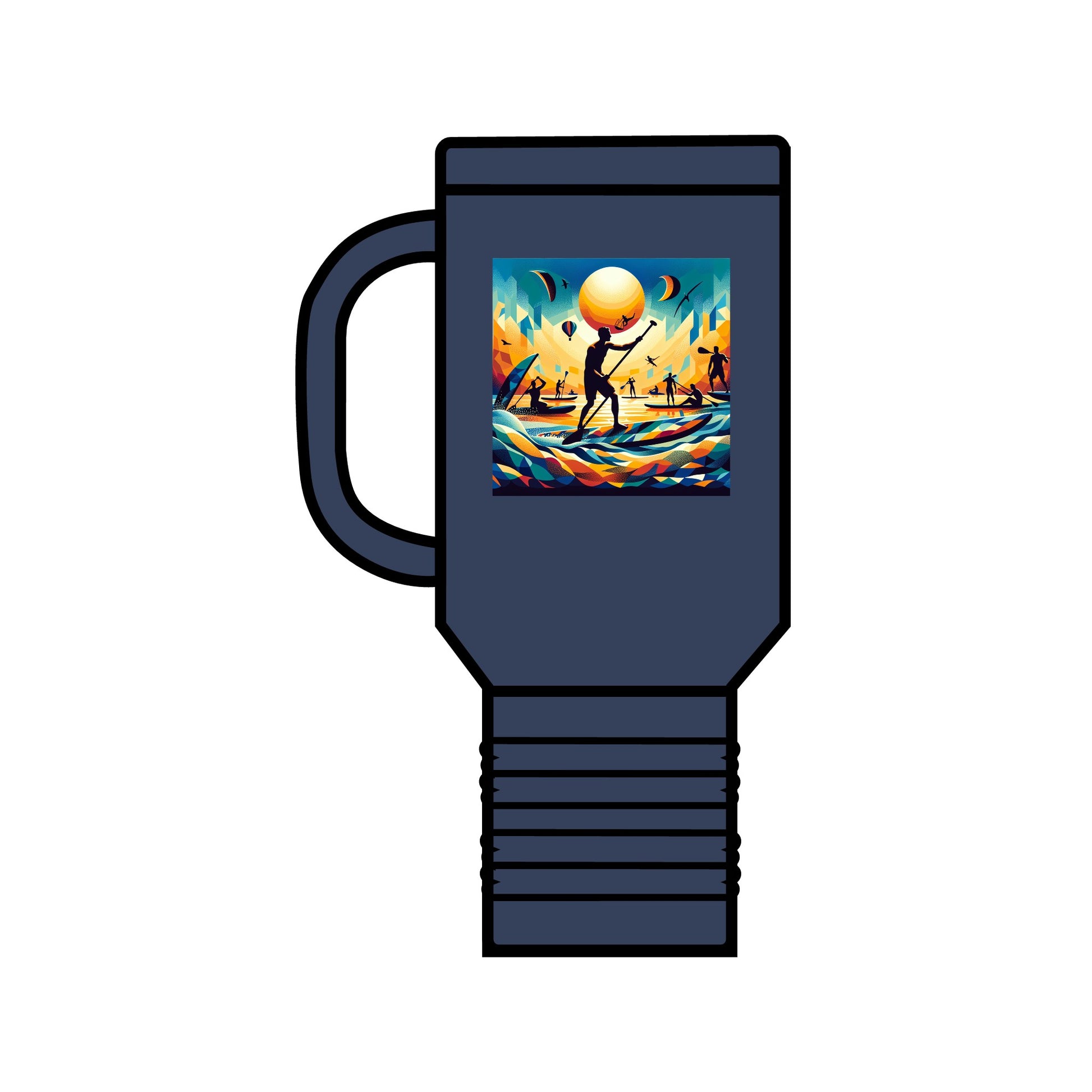Stylish Fantasy Paddleboarding Insulated Travel Mug in deep navy blue, embellished with eye-catching paddleboarding imagery, merging functionality with luxury for outdoor enthusiasts.