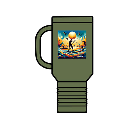 Fantasy Paddleboarding Insulated Travel Mug in olive green, featuring a vibrant design of paddleboarding silhouettes against a stunning sunset.