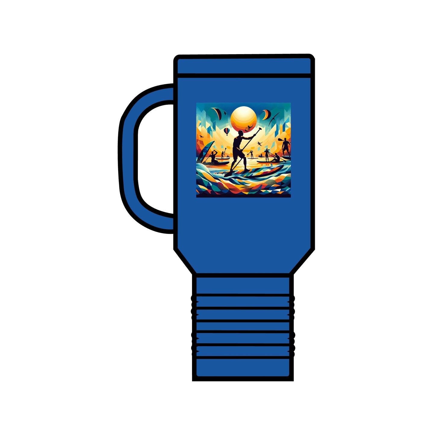 Fantasy Paddleboarding Insulated Travel Mug in royal blue, highlighting a striking design of paddleboarding silhouettes illuminated by sunset hues.