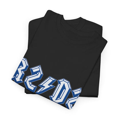 R2⚡D2 - AC⚡DC Mashup Unisex Funny T-Shirt displayed in a neat stack, highlighting its striking blue design on black cotton, a perfect choice for casual and concert wear.