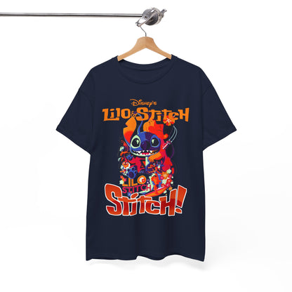 Exquisite navy blue Lilo & Stitch graphic t-shirt elegantly showcased on a hanger, adorned with colourful Stitch design that captures the essence of playful Disney spirit.