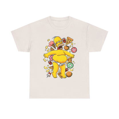 Homer's Gluttonous Glory Unisex Cotton Tee depicting Homer Simpson surrounded by scrumptious treats, elegantly styled on a light cream fabric.