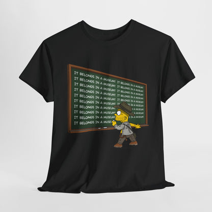 Stylish Bart Simpson Indiana Jones unisex graphic t-shirt featuring Bart in an explorer outfit, playfully writing 'IT BELONGS IN A MUSEUM!' on a chalkboard, perfect for adding a touch of humour and nostalgia to your wardrobe.