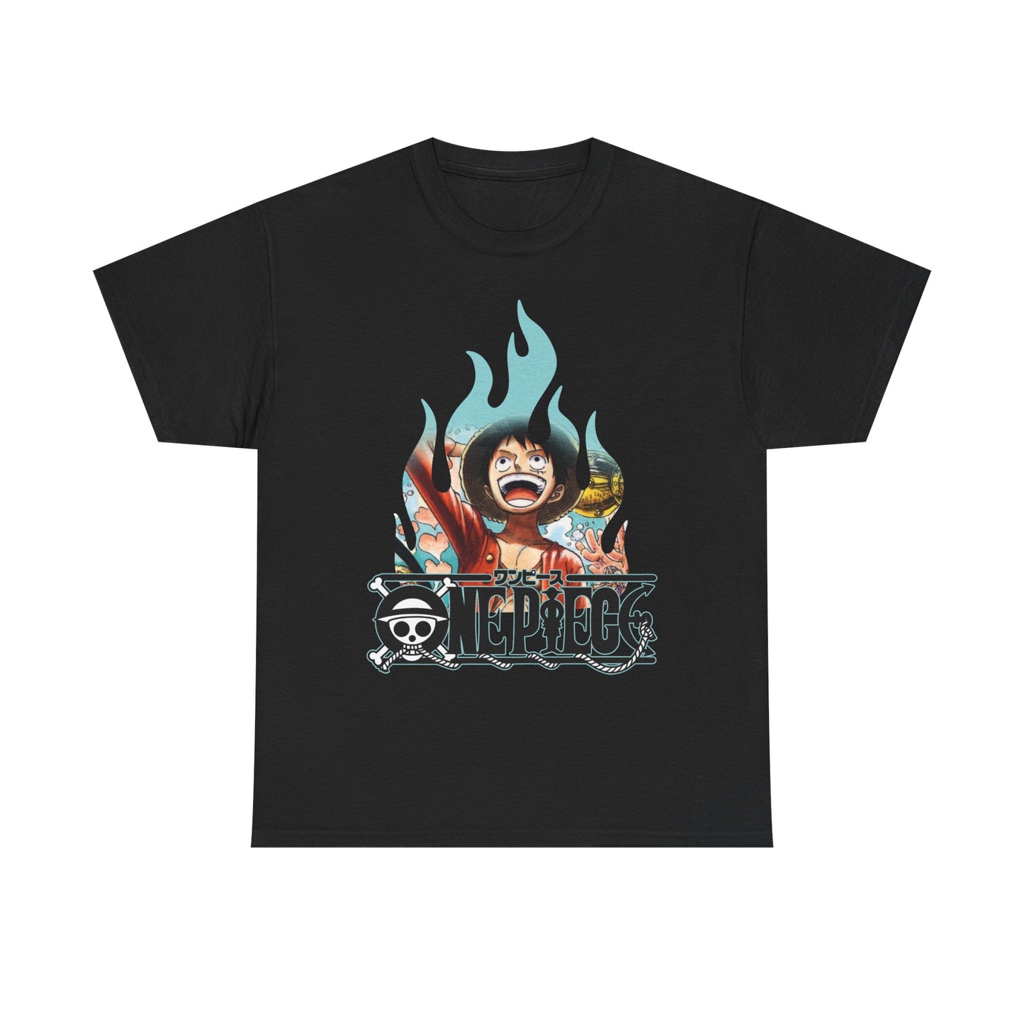 Sophisticated black graphic t-shirt displaying an eye-catching character artwork with bold flames and logo, embodying adventurous spirit and premium fashion.