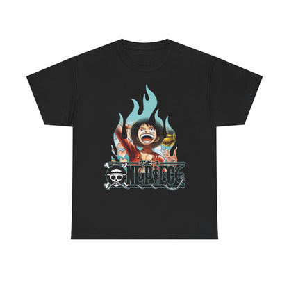 Sophisticated black graphic t-shirt displaying an eye-catching character artwork with bold flames and logo, embodying adventurous spirit and premium fashion.