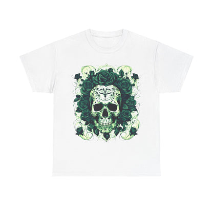 Skulls and Roses Cotton Tee in white, presenting a striking skull and rose graphic, perfect for those who appreciate alternative fashion.