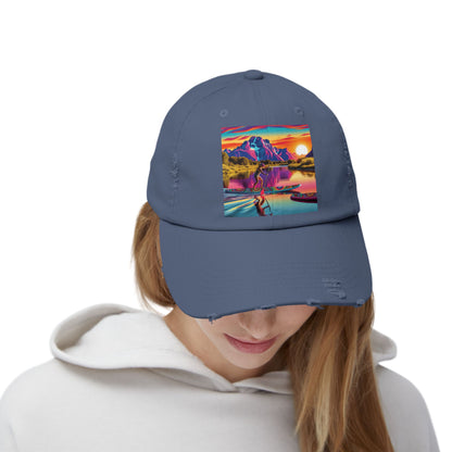 Model wearing the Unisex Distressed Paddleboarders Cap in navy, exuding a chic and adventurous aura, perfect for paddleboarding enthusiasts.
