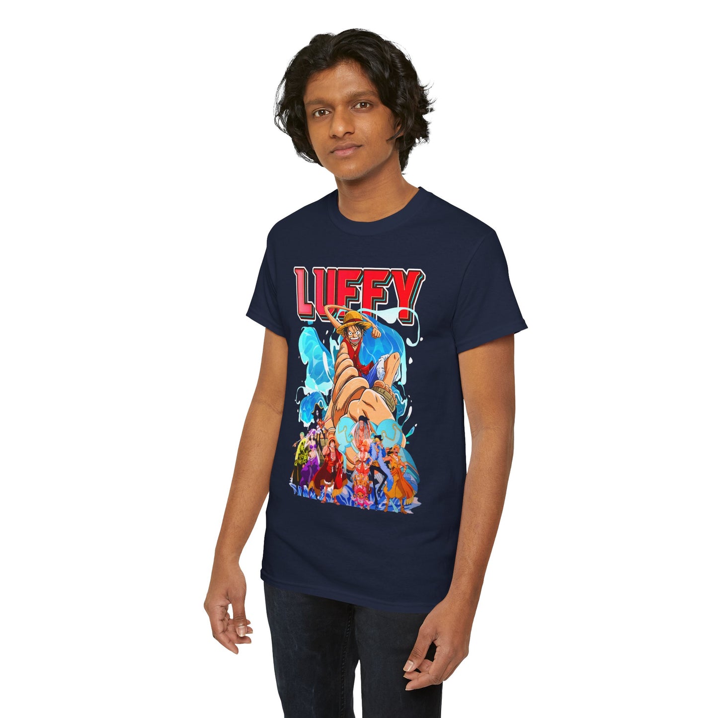 Sophisticated male model presenting a navy blue graphic t-shirt featuring Luffy artwork, highlighting the unique design and exceptional fit.