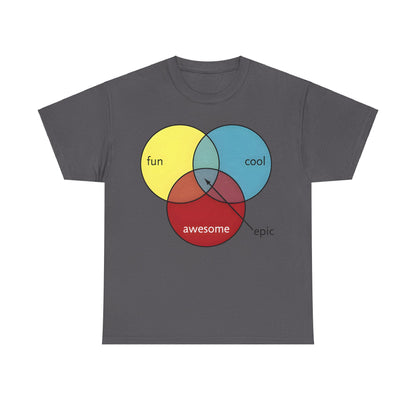 Epic Pie Chart Graphic Tee - Unisex Triad T-Shirt in elegant grey, elegantly displaying a witty graphic of intersecting circles labelled 'Fun', 'Cool', and 'Awesome', ideal for those with a taste for sophisticated humour.