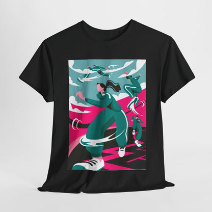 Luxurious Squid Game inspired unisex graphic cotton t-shirt featuring vibrant artwork of characters in action, perfect for making a bold fashion statement.