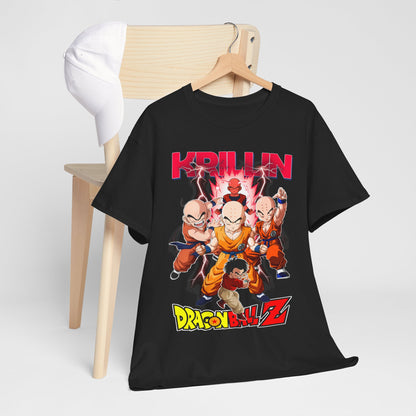 Luxurious black Dragon Ball Z T-shirt featuring Krillin and iconic characters amidst electrifying energy graphics, displayed with a fashionable cap on a minimalist wooden chair.