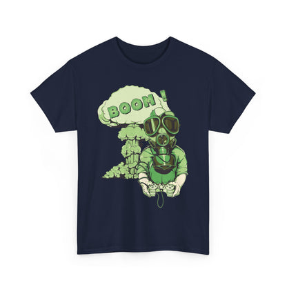 Exclusive men's t-shirt in navy with a striking gas mask illustration and explosion art, tailored for gaming culture aficionados.