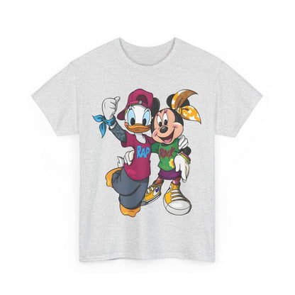 Daisy Duck & Minnie Mouse Unisex Graphic Tee Shirt featuring characters in hip-hop style, with Daisy in purple 'RAP' tee and Minnie in green 'ROCK' tee on a light grey background.