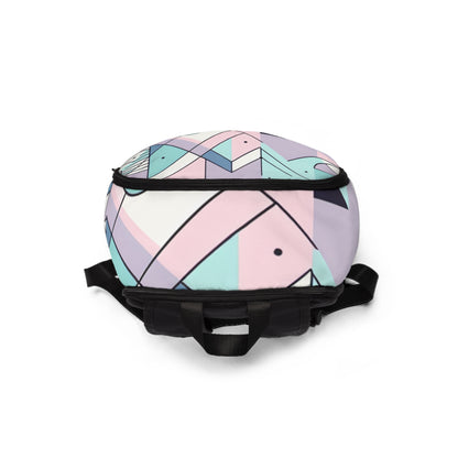 Interior view of the Chic Geometric Pastel Backpack by Dazzling Dreams Studio, showcasing spacious compartments and elegant design for practical luxury.