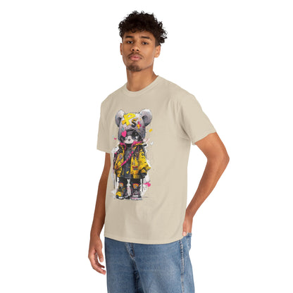 Stylish model wearing a premium men's t-shirt with a vibrant panda bear graphic, set against a minimalist background, embodying urban chic and youthful exuberance.