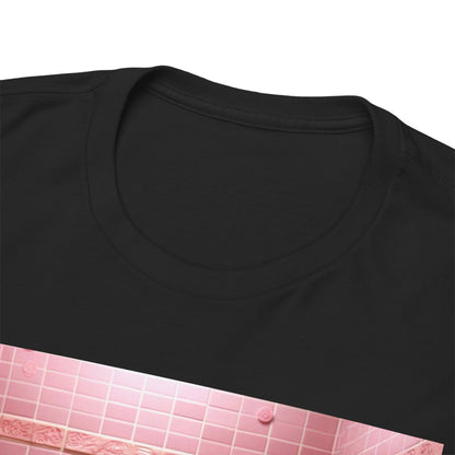 Stylish close-up of a black t-shirt featuring an imaginative graphic of Stormtroopers in a pink bathtub, capturing a blend of humour and luxury.