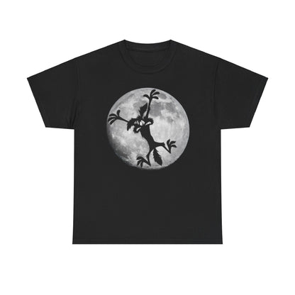 Stylish unisex black tee showcasing a striking silhouette of Wile E. Coyote in front of a prominent full moon, ideal for casual and chic outfits.