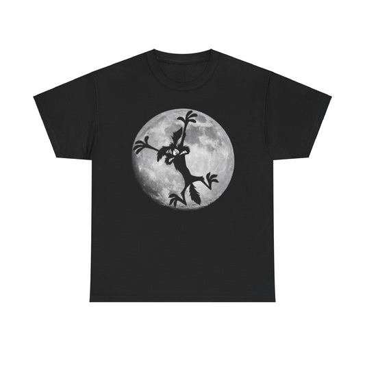 Stylish unisex black tee showcasing a striking silhouette of Wile E. Coyote in front of a prominent full moon, ideal for casual and chic outfits.