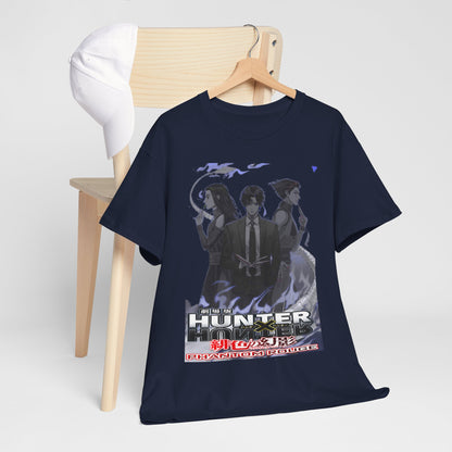 Sophisticated Hunter x Hunter Phantom Rouge T-shirt hanging on a wooden chair next to a cap, showcasing its premium design with iconic anime characters.