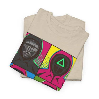 Chic Squid Game Pop Art Graphic Tee for Unisex featuring stack of stylish Squid Game-themed t-shirts with colourful geometric designs