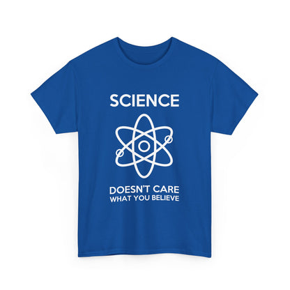 Front view of the elegant Science Doesn't Care What You Believe Graphic T-Shirt in royal blue, featuring a striking graphic design that reflects a passion for science.