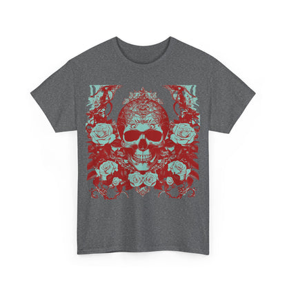 Highlighted front design of the Skulls and Roses Cotton Tee in heather grey, featuring intricate skull and rose graphics.