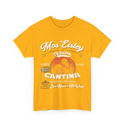 Star Wars Mos Eisley Cantina Graphic T-Shirt in bright yellow with an eye-catching graphic, ideal for casual wear and fandom expression.
