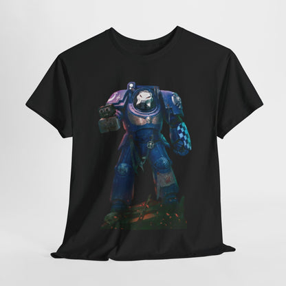 Luxurious unisex graphic T-shirt featuring a vivid illustration of a heroic figure in futuristic armour, showcasing intricate design details. Perfect for fans of urban streetwear.