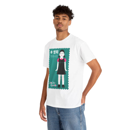 Fashionable model wearing a pristine white tee adorned with the 'Young-Hee' stamp graphic from Squid Game, blending contemporary style with playful edge.