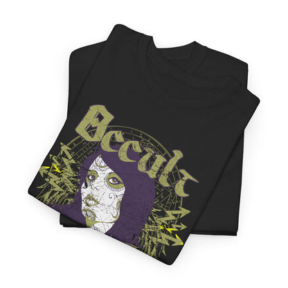 Sleek stacked black graphic T-shirts showcasing intricate skull art and the word 'Occult' in an enchanting font, ideal for stylish layering and a statement look.