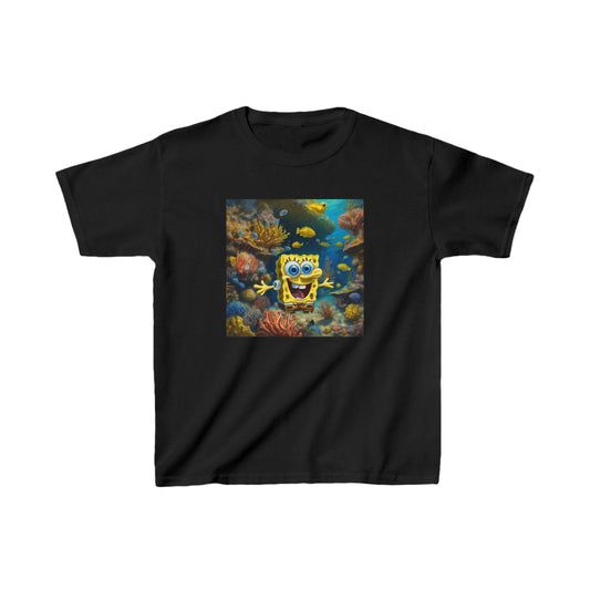 Kids SpongeBob Heavy Cotton Tee in classic black, showcasing a playful SpongeBob design amidst a colourful ocean backdrop, ideal for a trendy look.