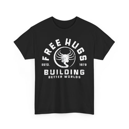 Premium black t-shirt with a vintage 'Free Hugs' graphic logo, an elegant choice for contemporary casual wear.
