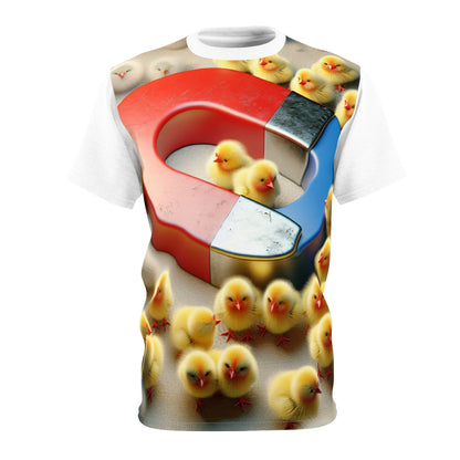 Elegantly designed Chick Magnet T-Shirt featuring a stunning photorealistic giant horseshoe magnet surrounded by fluffy yellow chicks, from Dazzling Dreams Studio.