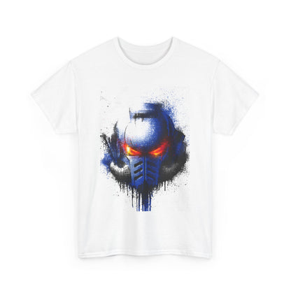 White unisex t-shirt displaying a captivating graphic of a blue and black futuristic helmet with fiery red eyes, ideal for those seeking unique and stylish apparel.