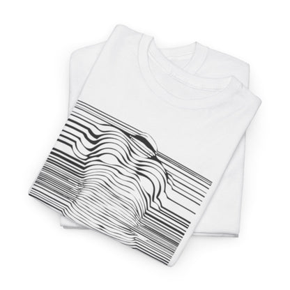 Stylish stacked white t-shirts adorned with a captivating optical illusion graphic, depicting a woman's form in hypnotic black and white lines.