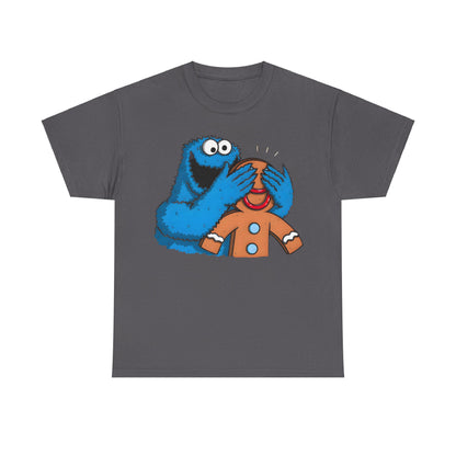 Unisex Cookie Monster guess who Graphic Tee Shirt featuring a whimsical design of Cookie Monster covering the eyes of a gingerbread man, crafted from luxurious fabric.