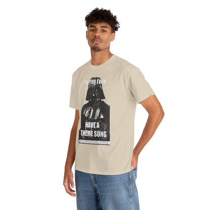 Darth Vader Star Wars Unisex Mens Graphic Cotton Funny T Shirt Tee Vintage featured on a model, showcasing the humorous text "Do You Even Have a Theme Song?" in an elegant design.