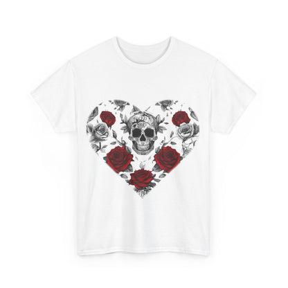 Skulls and Roses Cotton Tee, stunning front view of a white unisex graphic shirt with intricate skull and rose detailing, ideal for fashion-forward individuals.