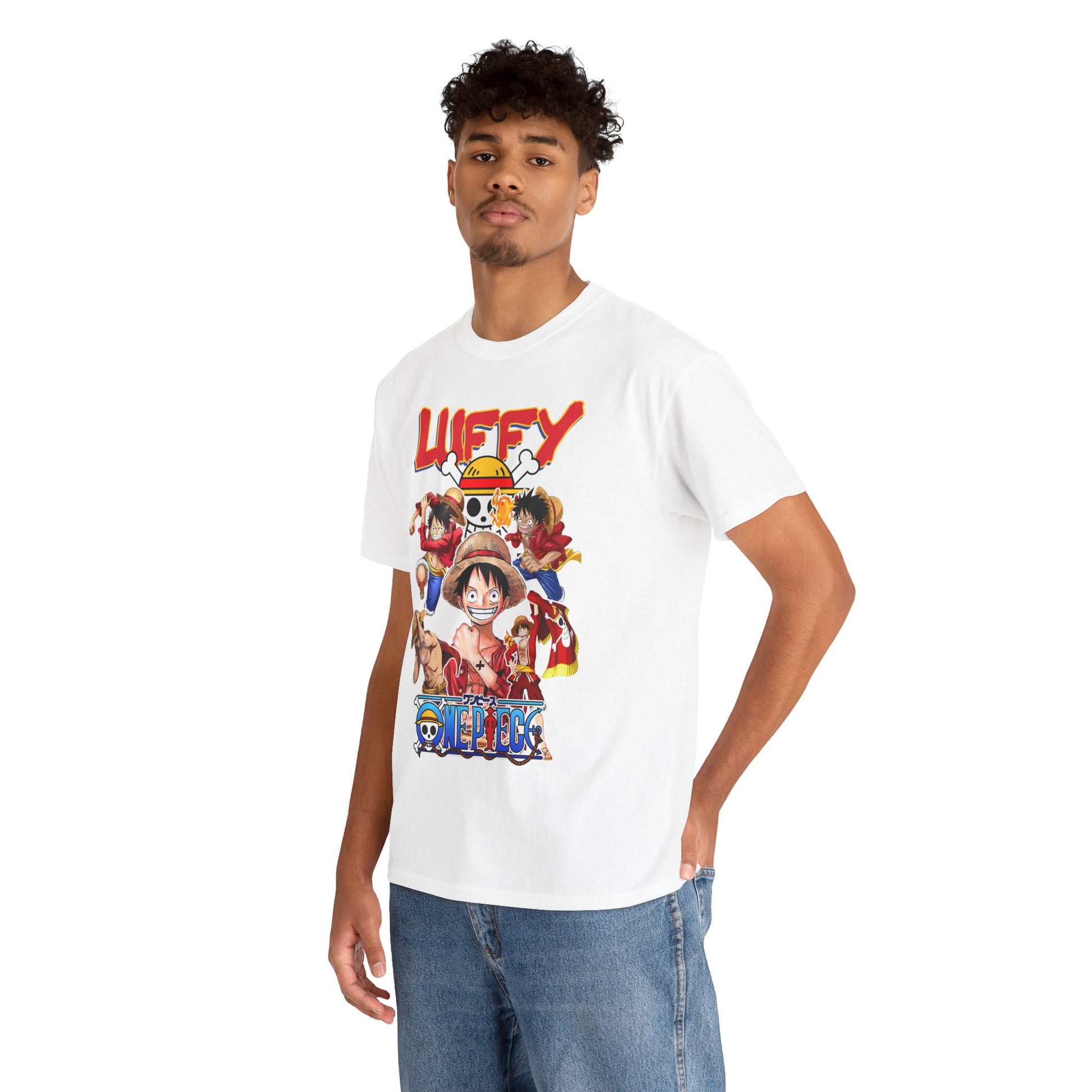 Stylish model showcasing the premium Luffy & Crew graphic T-shirt, featuring iconic anime characters in a striking design, perfect for fashionable anime enthusiasts.