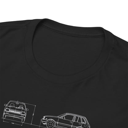 Close-up of the neckline of the Suzuki Forza T-shirt, featuring detailed car illustrations, representing premium craftsmanship and style in automotive apparel.