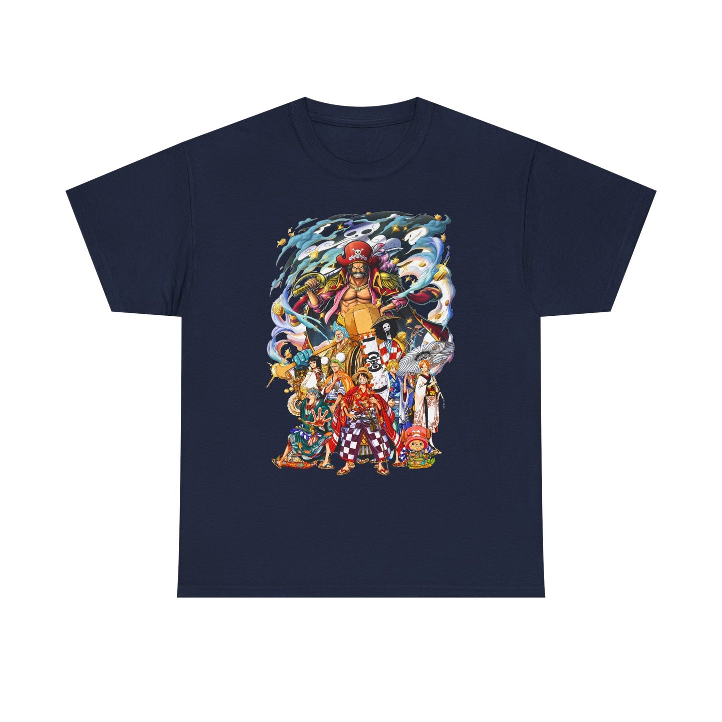 Sophisticated Epic 1 Piece Adventure Men's T-Shirt in navy with a striking graphic of animated adventurers, designed for those who embrace luxury and style.