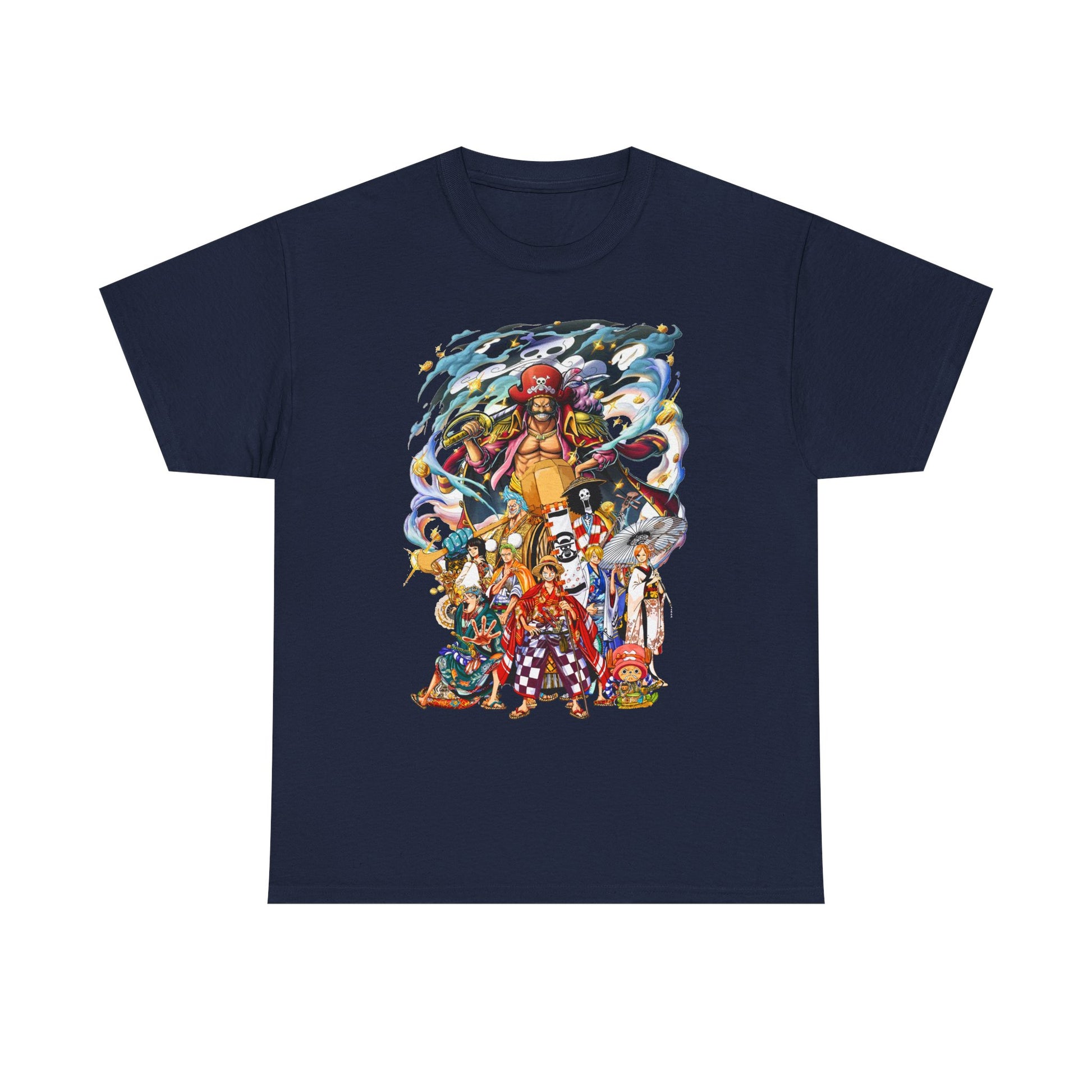 Sophisticated Epic 1 Piece Adventure Men's T-Shirt in navy with a striking graphic of animated adventurers, designed for those who embrace luxury and style.