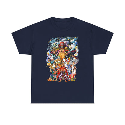 Sophisticated Epic 1 Piece Adventure Men's T-Shirt in navy with a striking graphic of animated adventurers, designed for those who embrace luxury and style.