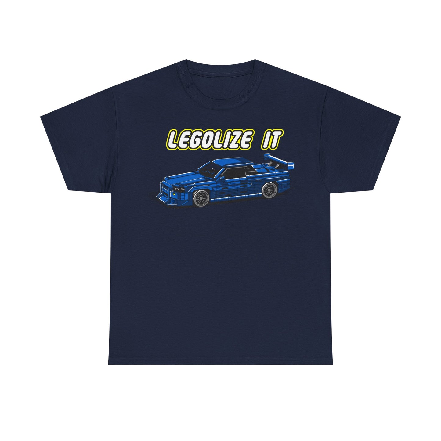 Elegant navy men's t-shirt displaying a retro-style pixelated blue sports car graphic with the empowering message 'LEGALIZE IT' in eye-catching yellow. Ideal for casual yet fashionable attire.