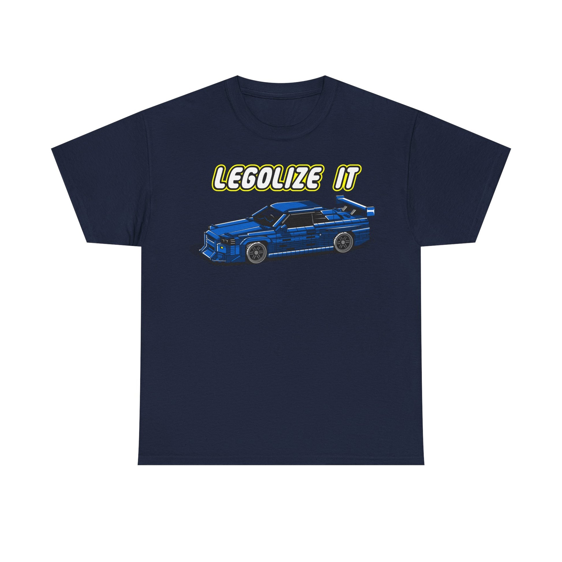 Elegant navy men's t-shirt displaying a retro-style pixelated blue sports car graphic with the empowering message 'LEGALIZE IT' in eye-catching yellow. Ideal for casual yet fashionable attire.