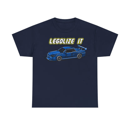 Elegant navy men's t-shirt displaying a retro-style pixelated blue sports car graphic with the empowering message 'LEGALIZE IT' in eye-catching yellow. Ideal for casual yet fashionable attire.