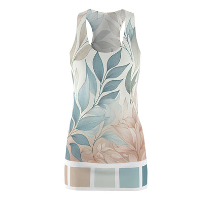 Valentina Belleveau Racerback Dress with Pastel Leaf Pattern showcasing a serene blend of soft hues and natural leaf designs, perfect for trendy and comfortable fashion.